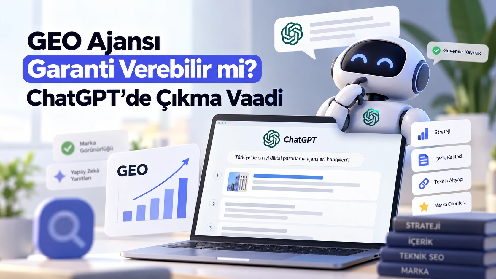 GEO ajansı garanti verebilir mi? ChatGPT'de görünürlük, yapay zekâ arama optimizasyonu ve marka otoritesini anlatan görsel.